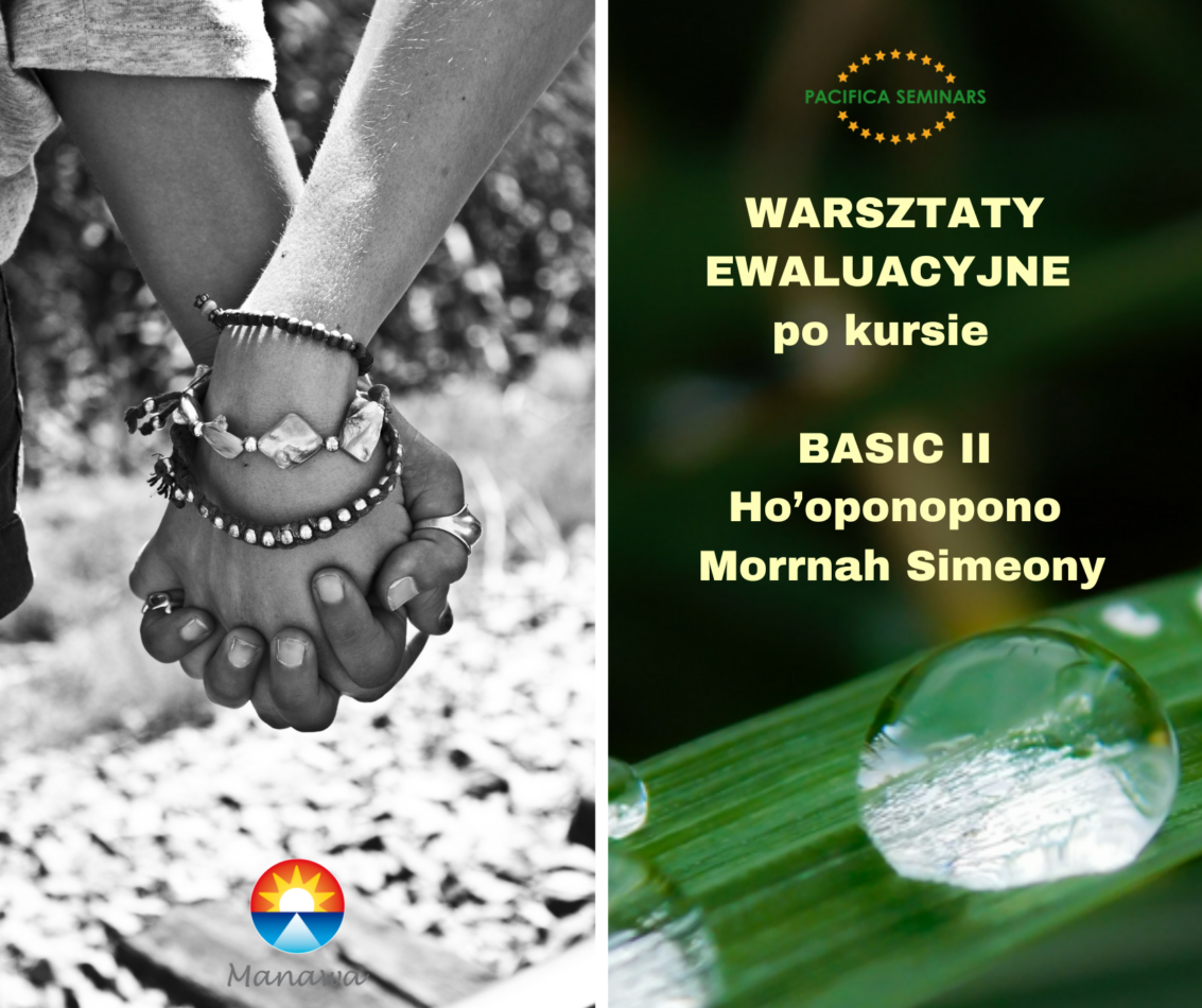 Dwie dłonie złączone z uścisku i tytuł spotkania: "warsztaty ewaluacyjne po kursie Basic II Ho'oponopono Morrnah Simeony"